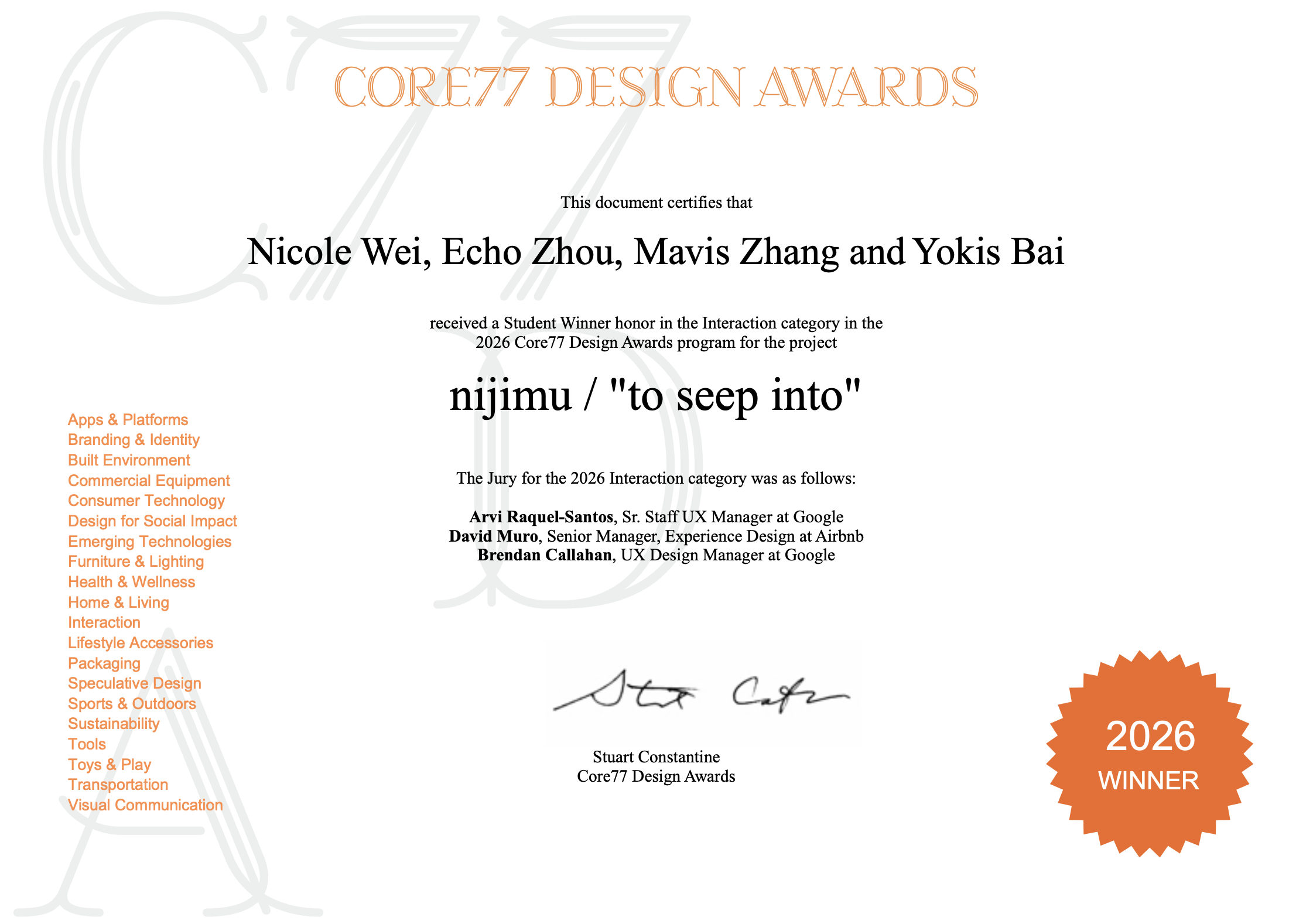 Core77 Design Awards 2026 Student Winner certificate for nijimu